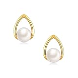 Gold Pearl Drop Earrings for Women Girls, Pearl Stud Earings | Dainty Yellow Gold Hypoallergenic Jewellery Christmas Birthday Gifts