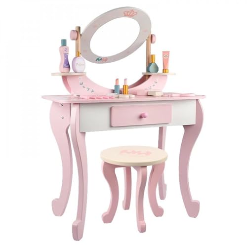 مجموعة طاولة وكرسي زينة للأطفال طاولة تزيين مكياج الأميرة مع درج ومرآة، مجموعة طاولة مكياج 2 في 1 مع سطح قابل للفصل، مجموعة زينة للعب الجمال للفتيات