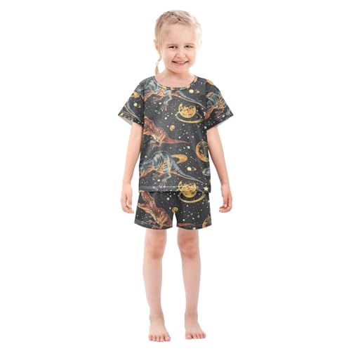 ALAZA Dinosaur Planet Pajamas Set Short Sleeve Cotton Sleepwear Summer Pjs 2 Piece 5-14Y3