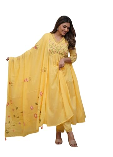 Image of Premium Cotton Embroidered Anarkali Suit Set for Women with Dupatta, Floral Embroidery, 3 Piece Set, Soft and Comfortable