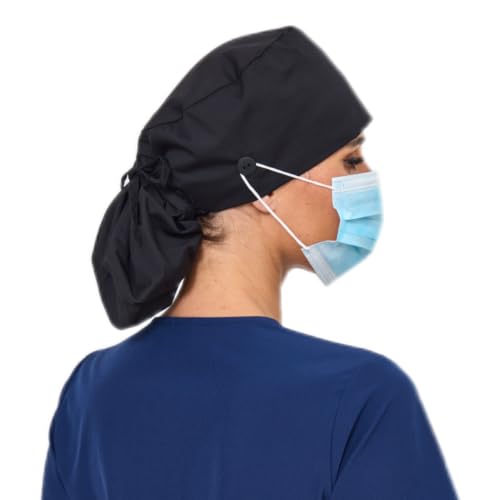 Image of Satin Lined Scrub Cap for Women, Bouffant Nurse Cap with Sweatband and Buttons, Adjustable Surgical Hat for Curly Hair, Braids, Long Hair and Buns, Blk+Tooth blk