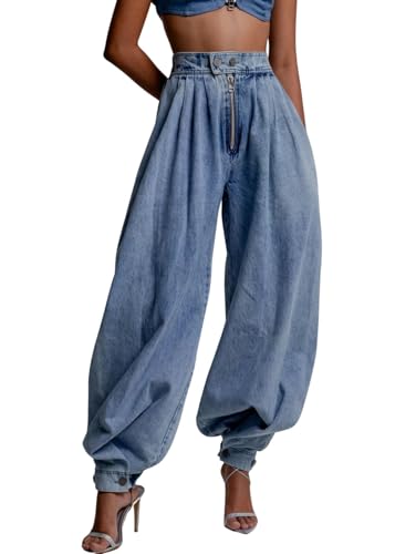 chouyatou Women's Y2k Baggy Harem Jeans Boyfriend Wide Leg Balloon Jeans Zip Up Pleated Denim Pants