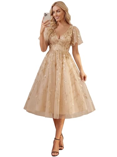 Ever-Pretty Women's V Neck A Line Cocktail Dresses Embroidery Short Sleeves Midi Sequin Formal...