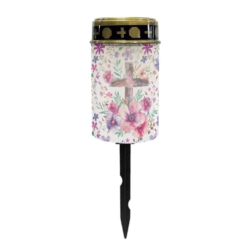 Image of Cross Flower Print Cemetery Solar Light for Grave Outdoor - Waterproof Garden Decor LED Electronic Candle Night Light
