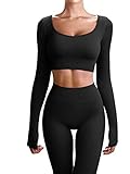 OQQ Women's Workout 2 Piece Ribbed Yoga Long Sleeve Crop Top High Waist Legging Exercise Set Outfit, Black, Small