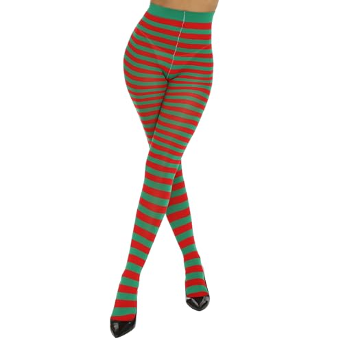 Image of MANZI Striped Tights for Women Footed Stretchy Opaque Pantyhose for Halloween Xmas 2 Pairs