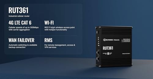 Image of Teltonika RUT361 Industrial 4G LTE Router - Compact & Rugged Cellular Wireless Router with Ethernet, WiFi, VPN, RMS Support, Remote Monitoring, and IoT connectivity (RUT361200800)