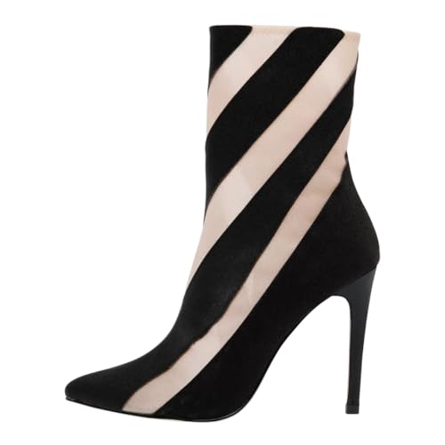 FSJ Women Sexy Pointed Toe Ankle Boots Elastic Mesh Multicolor Stiletto Heel Stretch Stripes Side Zipper Sock Booties Shoes Size 4-16 US2