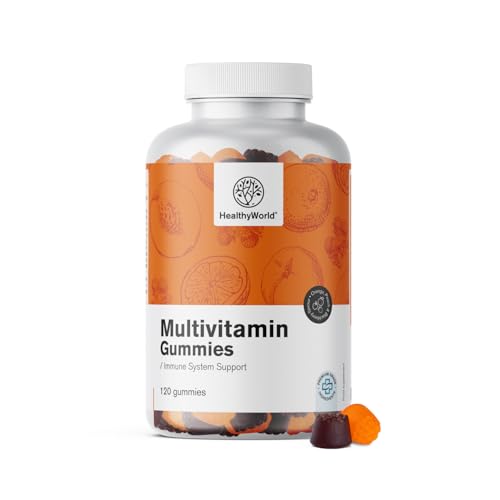 HealthyWorld Multivitaminas – 120 gominolas – para 2 meses – combinación completa de 10 vitaminas, cromo e inositol – sin gluten – sabor a durazno, naranja y mora