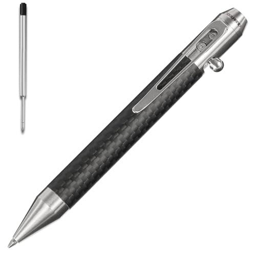 Cool Hand 4.9'' Carbon Fiber Bolt Action Pen with Retractable Stylus Tip for Any Touch Screen, Ballpoint Ink Refillable, Compact Size, Skelton Out Deep Pocket Clip (Carbon Fiber Silver)