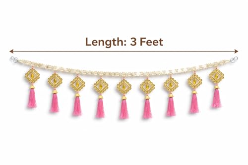 Image of Handcrafted Pearl Beaded Door Toran with Pink Tassels | 3 Feet Decorative Bandhanwar for Main Door, Mandir & Wedding Decor | Traditional Hanging for Diwali & Griha Pravesh