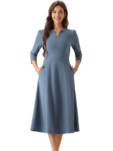Image of Allegra K Womens 3 /4 Sleeve A-Line Business Work Formal Midi Dress | Elegant Dresses with Pockets, V Neck, Cockatail Party Church Funeral Outfits, Spring Fall Winter
