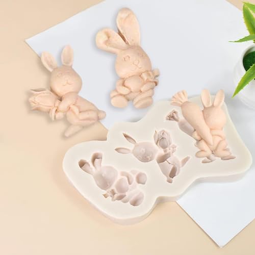 3 Cavity 3D Rabbit Easter Bunny Fondant Mould Silicone Mold Easter Theme Decoration Tool Chocolate Candy Cake Gumpaste Jelly Jello Mold Paper Clay Mold Kitchen Baking Tools