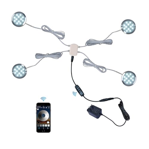 CRISETEK Puck Lights Bluetooth APP Smart Control Dimmable Tact Switch Under Cabinet Light Cabinet Lighting Cabinet Lights DC 12V Adaptor (Silver, Cool White Light, APP 4Pack)