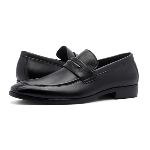 Men’s Leather Penny Loafers Classic Slip On Dress Shoes with Block Heel, Breathable Lining & Durable Rubber Sole