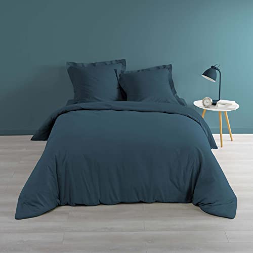 Douceur d'Intérieur d'intérieur, Housse de Couette 2 Personnes 240 x 220 Cm Bleu, 100% Coton Percale, Percaline