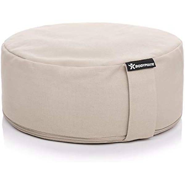BODYMATE Poduszka do jogi, okrągła, średnica 31 cm, wysokość 13 cm, z wypełnieniem z łuski gryki – poszewka nadająca się do prania w pralce, ze 100% bardzo grubej bawełny, poduszka do medytacji