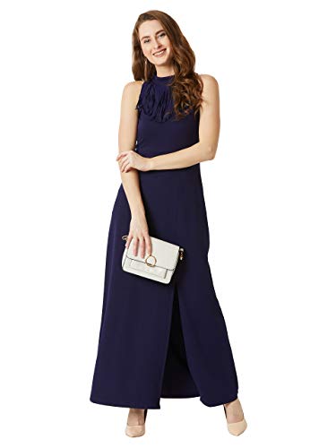 Image of Miss Chase Women's Designer Wine Red Fringed Halter Neck Sleeveless Solid Maxi Front Slit Dress