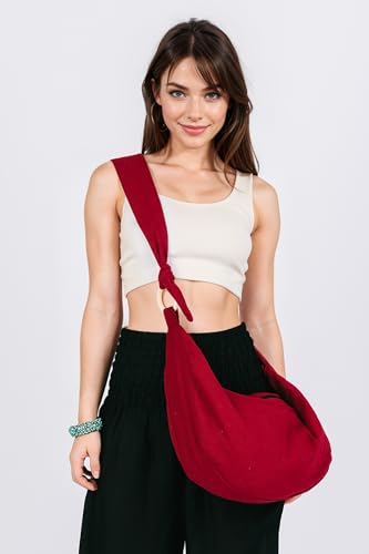 Image of Hobo Crossbody Bag for Women - Handmade Cotton Boho Purse with Wooden Ring | Lightweight Slouchy Shoulder Sling Tote Bag