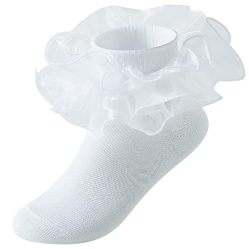 Little Girls 5 Pairs Multi-color Cotton Ruffle Frilly Lace Socks,Big Double Ruffle Ankle Socks Princess Dress Socks2