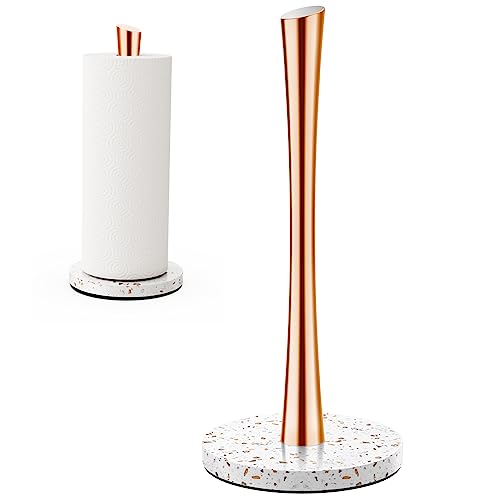 Standing Paper Towel Holder Countertop, Waterproof Stainless Steel Paper Towel Stand with Stone Weighted Base, One Hand Tear Paper Towel Roll Holder for Kitchen & Bathroom (Rose Gold)