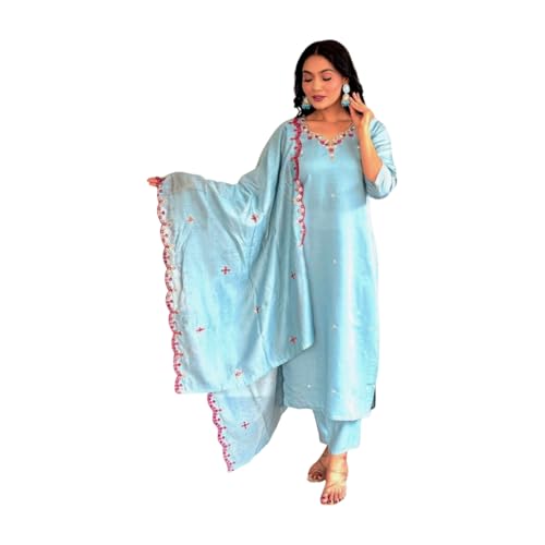 Image of Shiv Textiles Women's Viscose Rayon Embroidered Kurta Pant Dupatta Set