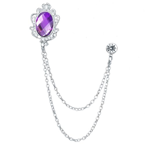 Image of Vintage Gemstone Chain Brooch Pin Rhinestone Long Chain Tassel Suit Pin Zircon Oval Crystal Lapel Pin Jewelry for Women Men