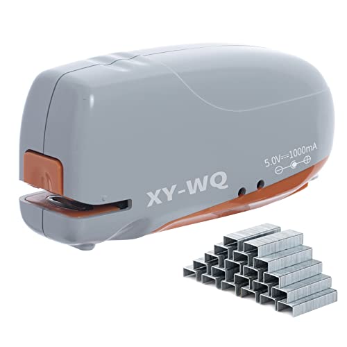 XY-WQ Mini Electric Stapler Automatic Staple, 15 Sheets Capacity, Portable for Desktop School Office and Home, Staples and AC Adapter Included Suitable for Palm Size (Grey)