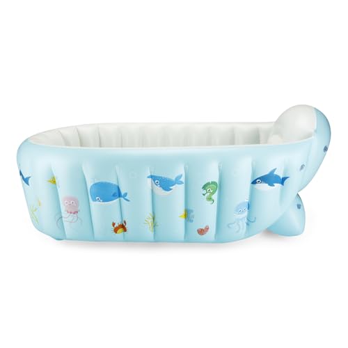PandaEar Baby Aufblasbare Badewanne, Tragbare Reise Baby Säugling Badewanne Kleinkind Badewanne mit Luftpumpe, Faltbare rutschfeste Duschbecken Mini Luft Schwimmbad für Neugeborene (Wal Blau)