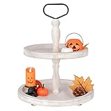 Mustry Rustic Wooden 2 Tiered Tray, Round Farmhouse Kitchen Table Decor Serving Tier Tray, Food Fruits Cupcake Display Coffee Bar Home Party Seasonal Decorations (White)