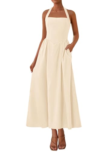 KIRUNDO Summer Dresses for Women 2025 Halter Maxi Wedding Guest Party Cocktail Semi Formal Elegant Classy Long Sundress(Beige, Large)