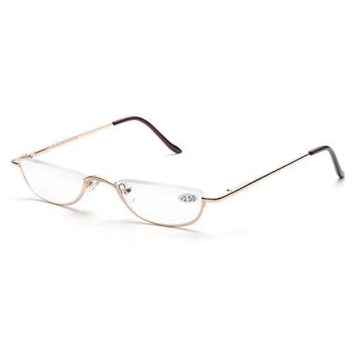 ZUVGEES Vintage Alloy Semi Rimless Reading Glasses Men Women Half Frame Slim Glasses with Stylish Case T0340 Gold Size: Small