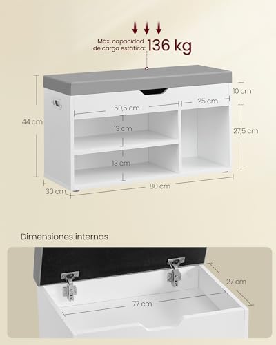 Miniatura 3 de Vasagle Banco Zapatero Con Cojín, Banco De Almacenamiento, 3 Compartimentos, Almacenamiento Oculto, Estantes, Para Sala De Estar, Pasillo, Dormitorio, Carga 136 Kg, Blanco Nube Y Gris Paloma Lhs030w01