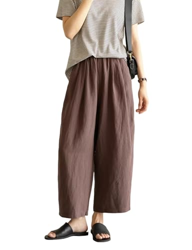 Yeokou Womens Linen Pants Summer Casual Capris Cropped Wide Leg Beach Trousers with Pockets(Brown-M)