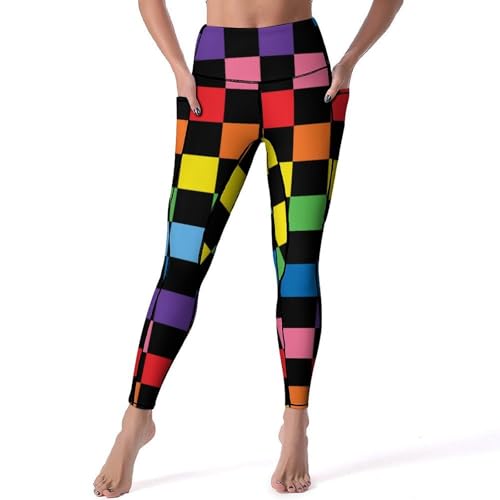 Legging noir carreaux arc-en-ciel pour femme avec poches | Pantalon de yoga - 2