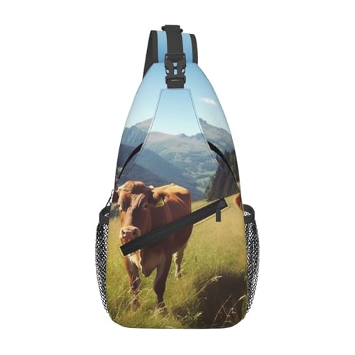 Sac à bandoulière imprimé vache marron avec sangle ajustable pour voyage et randonnée