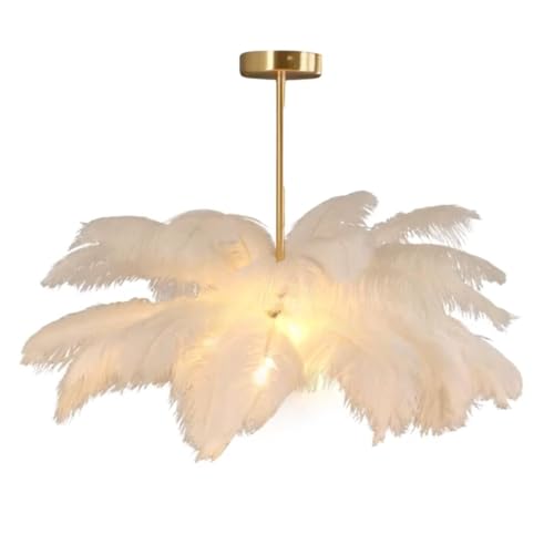 GUANSHAN Suspension en plumes d'autruche blanches Abat-jour et Lustre Lampe suspendue pour chambre à coucher, salon