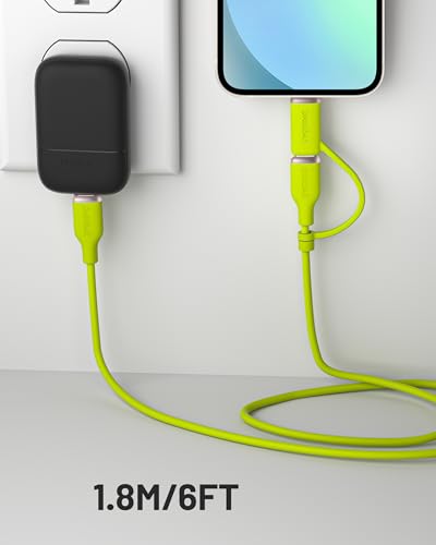 Image of 2-in-1 Soft Silicone USB C to USB C Cable with Lightning Connector (6FT, Lime Green), MFi Certified Type C Fast Charging Cord for iPhone 17 16 15 14 13,Galaxy S26 S25 S24,iPad,MacBook,AirPods