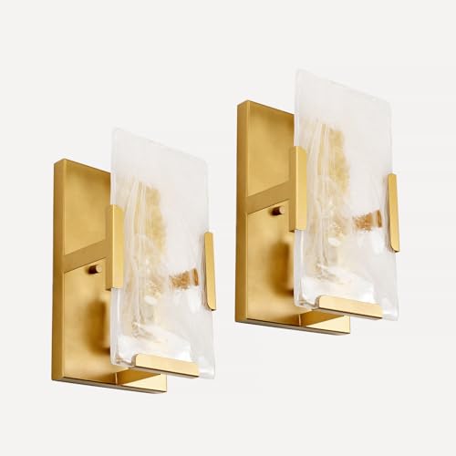Image of Gold Wall Sconce Set ot 2, 1-Light White Cloud Glass Wall Lamp, 6 inch W x 10 inch H Alabaster Vanity Light Fixture for Living Room, Hallway, Dining Room, Bedroom (No Plug in)