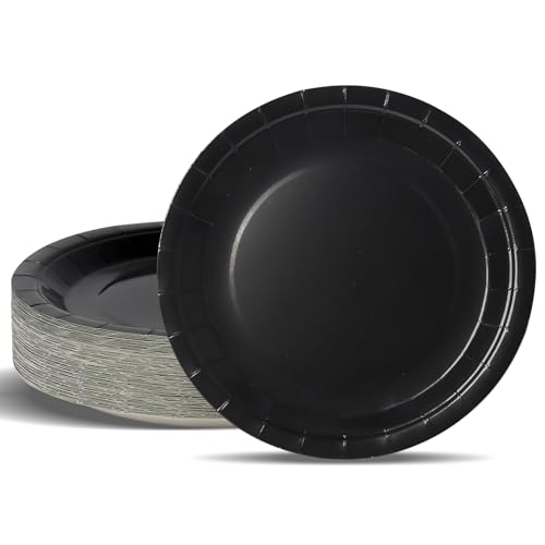 PYAILI Assiettes Jetables de Fête en Carton Noir - 50 pièces (23 cm)