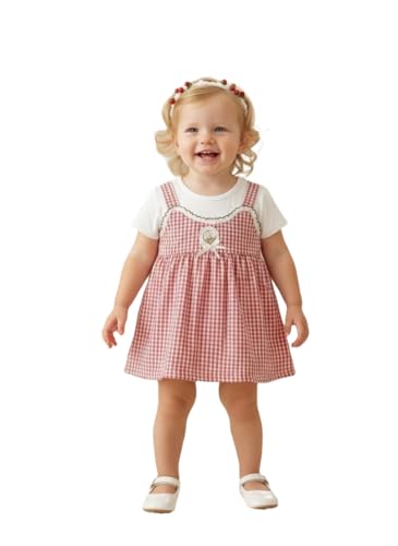 Image of A.T.U.N. (ALL THINGS UBER NICE) Baby Girls Checked Pinafore Style Dress with Inner Tee Short Sleeves | Soft Cotton Fabric | Decorative Front Bow Detail | Stylish Casual for Babies