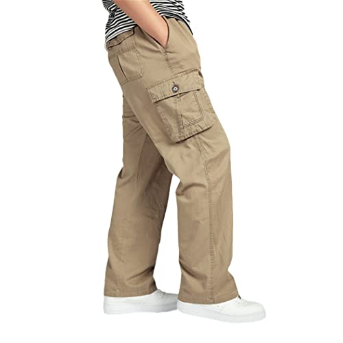 Pantalon d'été homme taille élastique jaune kaki fluide multipoches 3XL