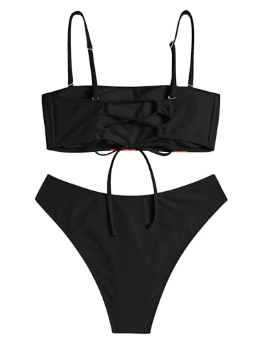 Image of ZAFUL Women's High Cut Bandeau Bikini Set Strapless Solid Color 2 Pieces Bathing Suit Swimsuit