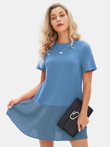 Image of EXLURA Womens Summer Casual Short Sleeve Dress Crewneck Tshirt Dresses Pleated Aline Mini Dress 2025 Vacation Beach Sundress