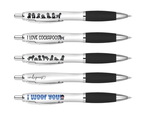 DV DESIGN Lot de 5 stylos cockapoo noirs – Caniche Chiens Animaux de compagnie Chiot Pun Animal Papeterie Équipement papeterie École Enseignant Amis Filles Garçons Anniversaire Set #81319