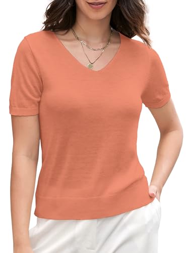 Image of SANGTREE Women's Short Sleeve Sweaters V Neck Casual Knit Pullover Tops | Perfect as a lightweight sweater for spring /summer or as a layering piece. Ideal for office, daily, holiday, home etc