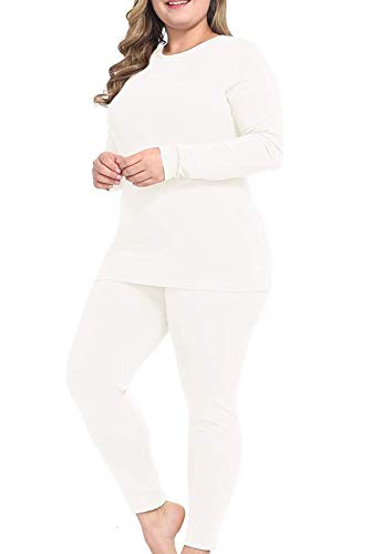 WomenS Plus Size Basic Jersey Cotton Long Johns Sets Lined 2 PCS Underwear TOP & Bottom Pajama Set (2X, White)