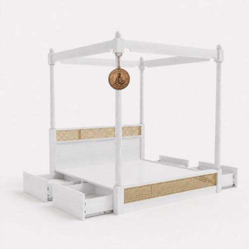 Image of Sheesham Solid Wood Allure Poster Bed for Bedroom | Handmade Wooden Cot | Elegant Four Poster King Size Bed Frame (White, Queen, Allure with Storage(Cane 2))
