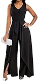 Yiershu Women's Sexy V-Neck Jumpsuits Sleeveless Romper High Waisted Wide Leg Split Hem Pant Overlay Patchwork Jumpsuit with Zipper for Cocktail(Black,L)