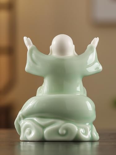 Estatua Pequeña de Buda Risueño Verde de Cerámica 4.5 pulg. miniatura 6